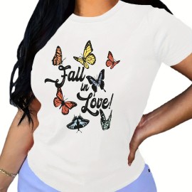 Butterfly & Letter Print T-Shirt, Casual Crew Neck Short Sleeve T-Shirt For Spring & Summer, Women's Clothing