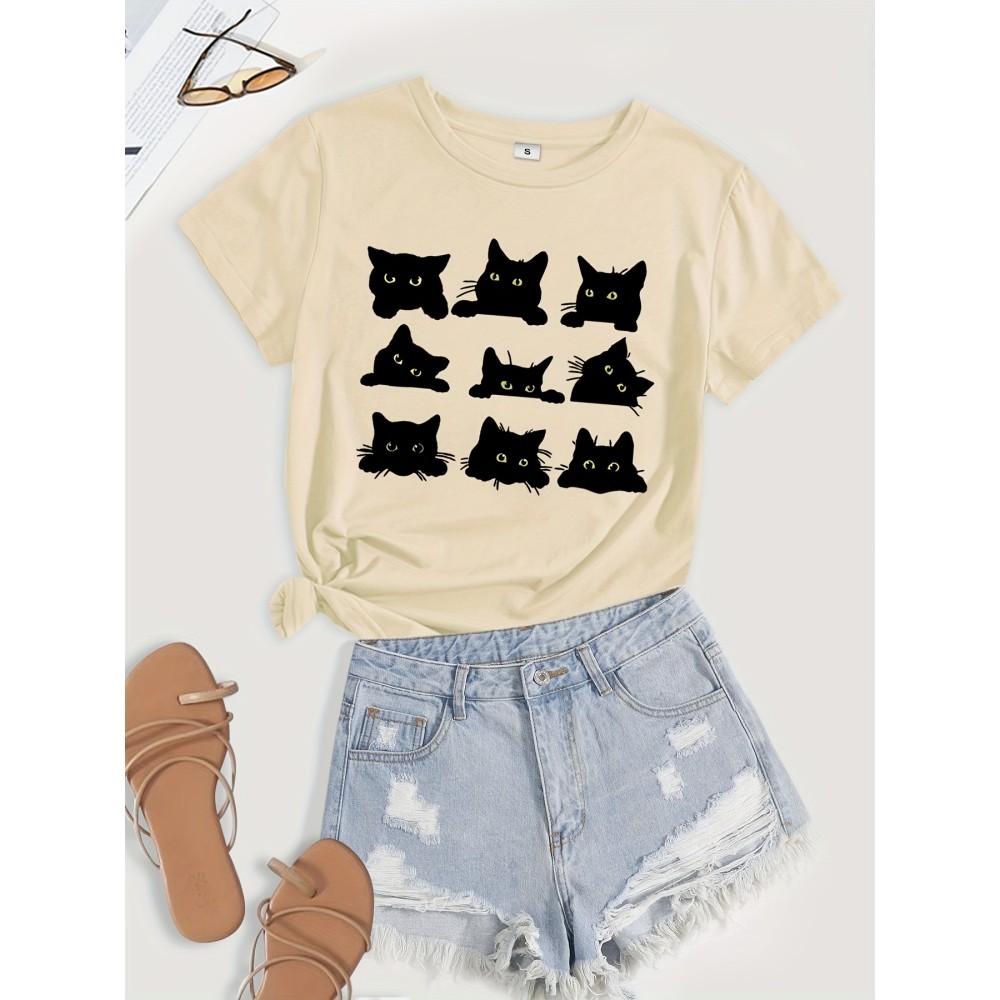 Cartoon Cats Print T-Shirt, Short Sleeve Crew Neck Casual Top For Summer & Spring, Women's Clothing