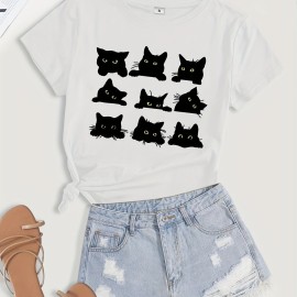 Cartoon Cats Print T-Shirt, Short Sleeve Crew Neck Casual Top For Summer & Spring, Women's Clothing