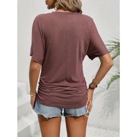 Solid Crew Neck T-shirt, Elegant Short Sleeve Ruched Top For Spring & Summer, Women's Clothing