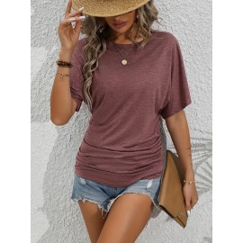 Solid Crew Neck T-shirt, Elegant Short Sleeve Ruched Top For Spring & Summer, Women's Clothing