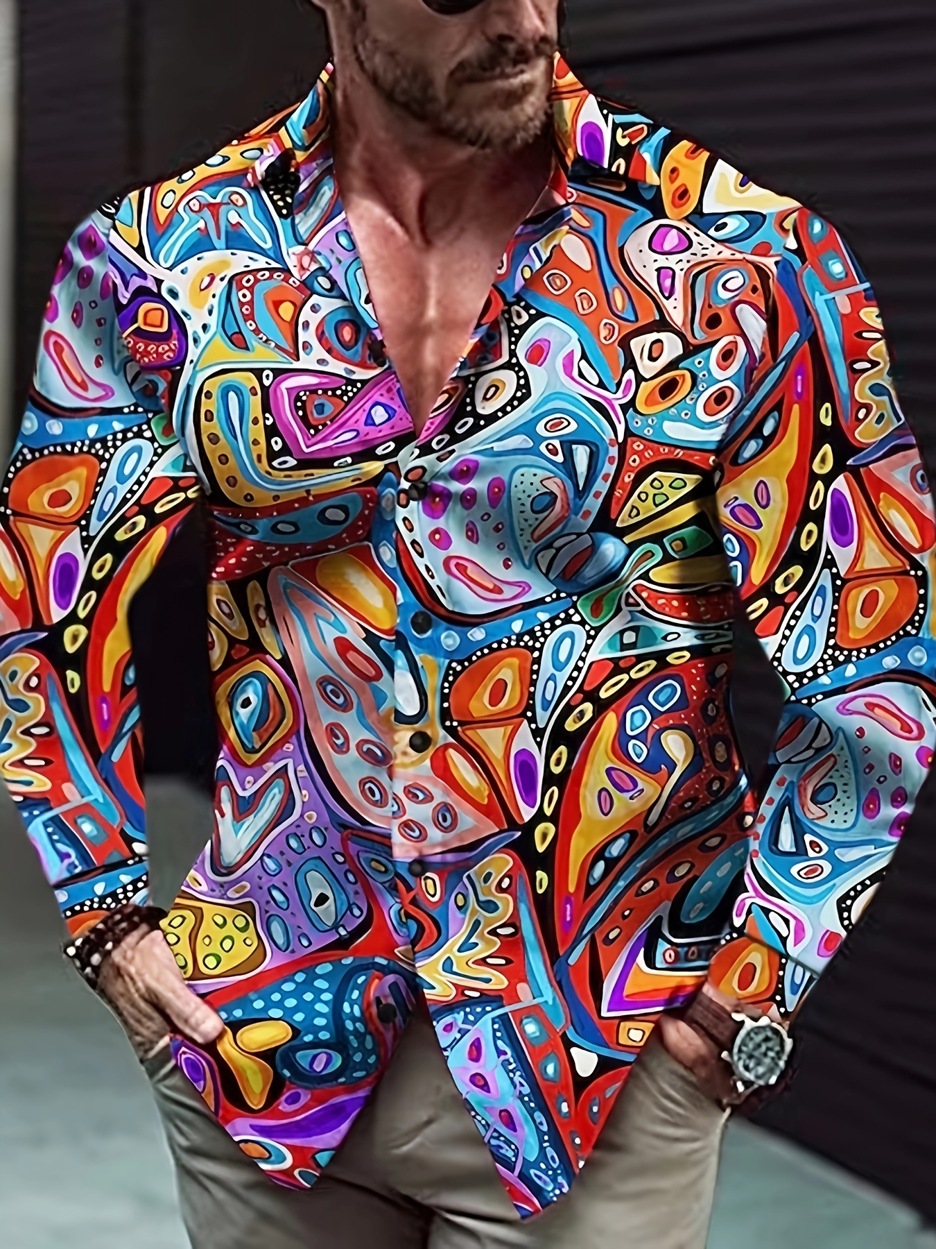 novelty pattern mens stylish long sleeve button up shirt spring fall festival carnival holiday details 1