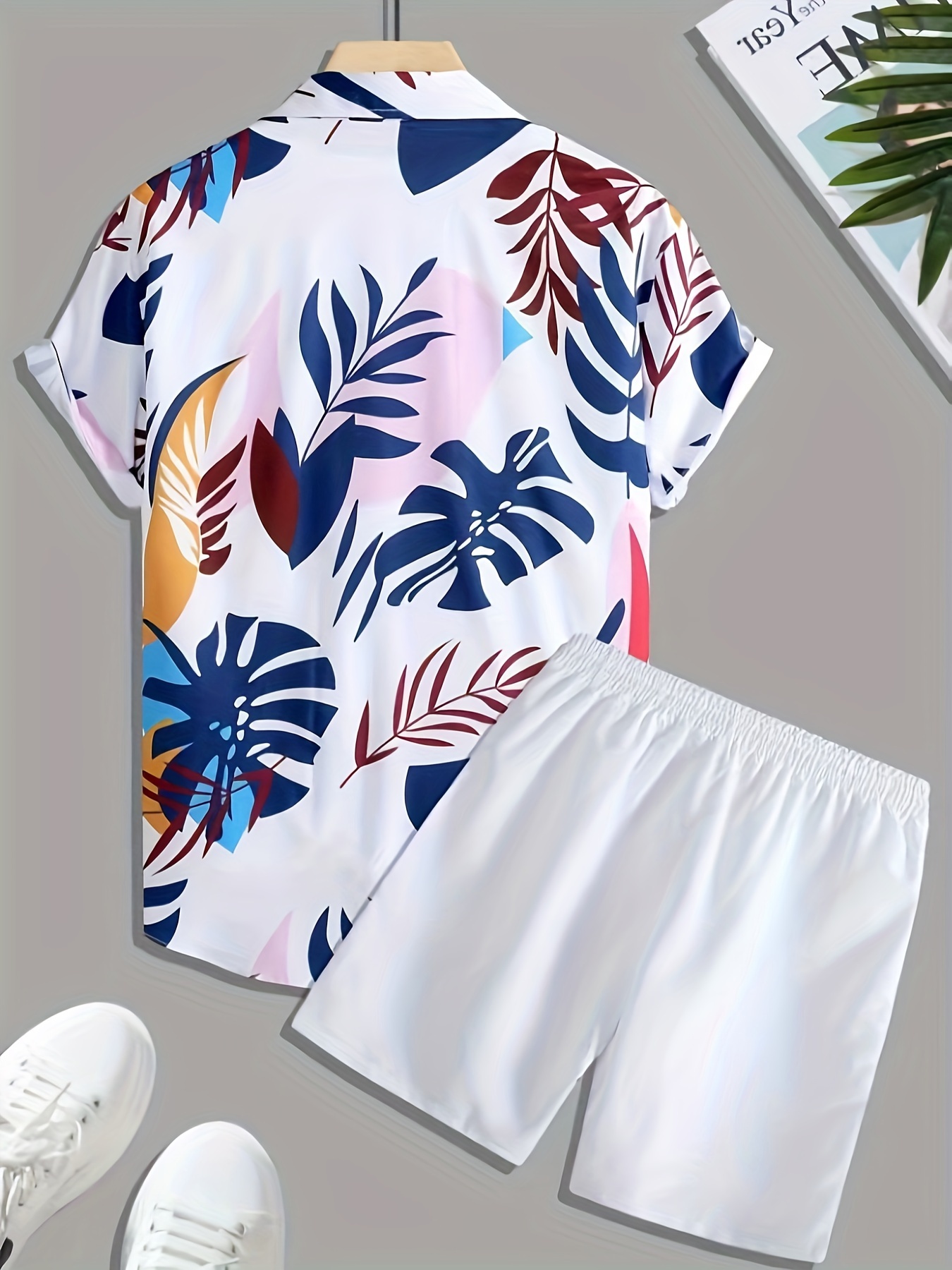 mens leaves pattern print short sleeve lapel shirt top male casual button up shirt for daily and vacation resorts beach details 2