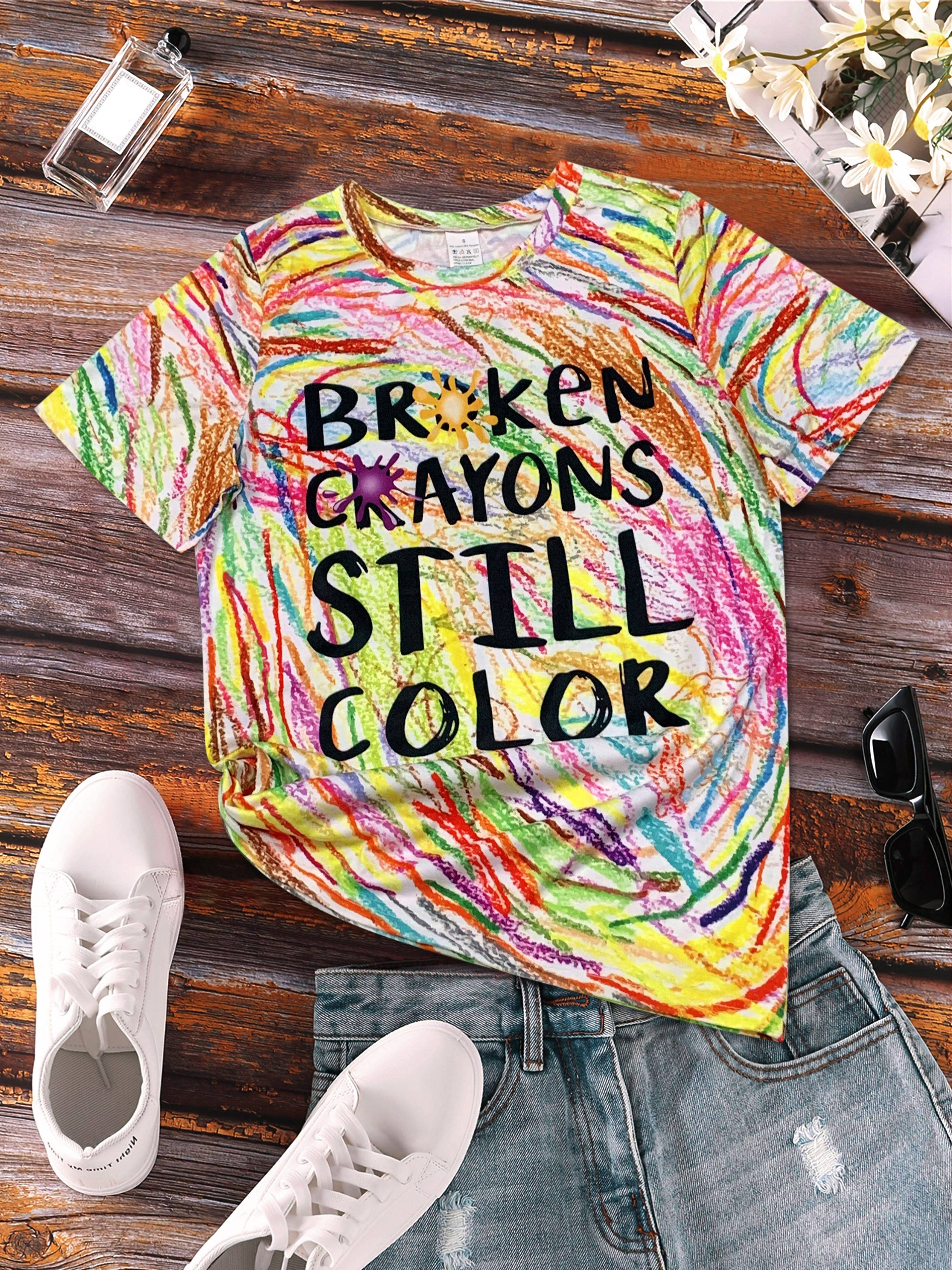 broken crayon still colorful print t shirt casual short sleeve crew neck top for spring summer womens clothing details 1