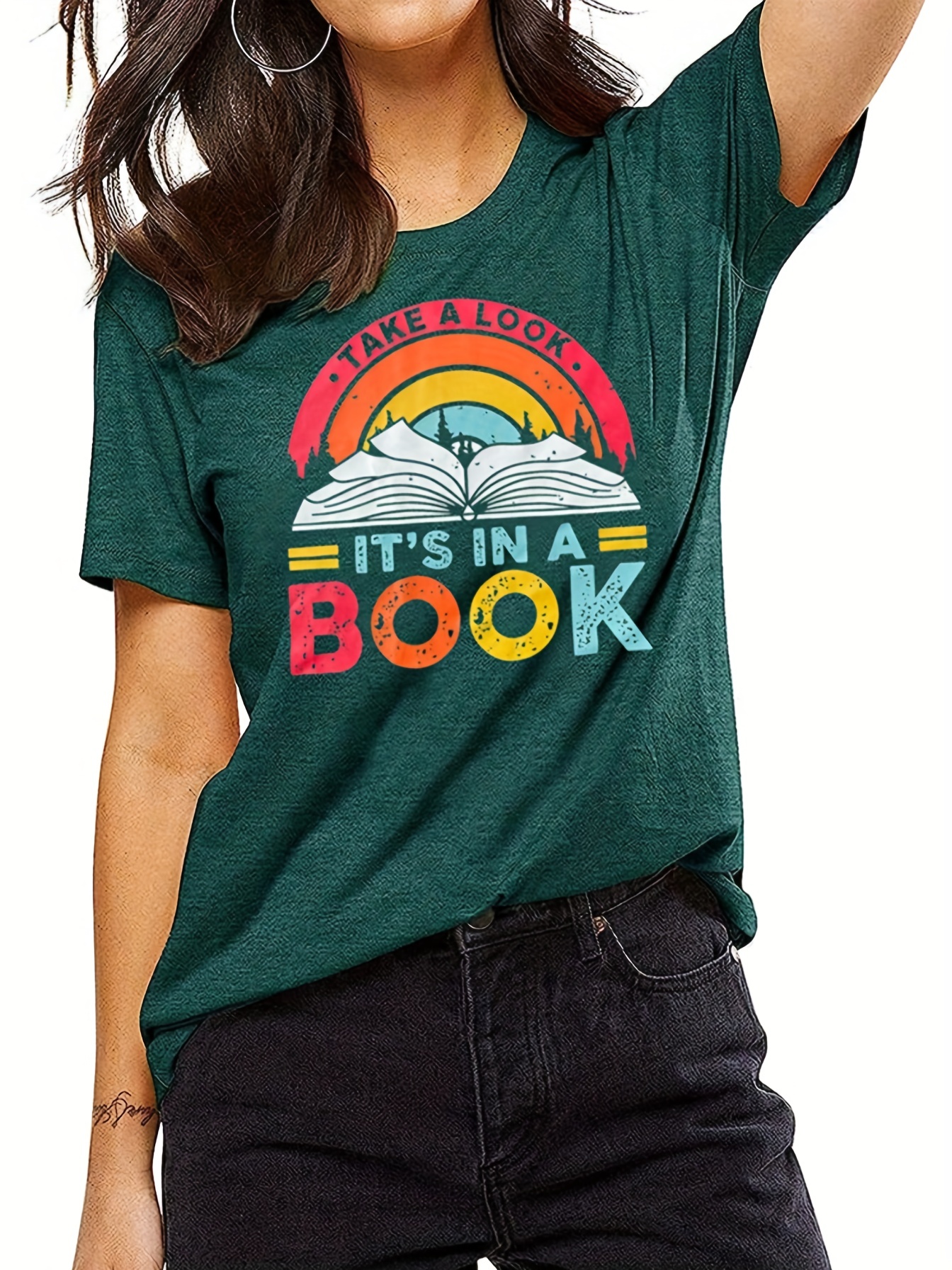 colorful letter book print t shirt short sleeve crew neck casual top for spring summer womens clothing details 0