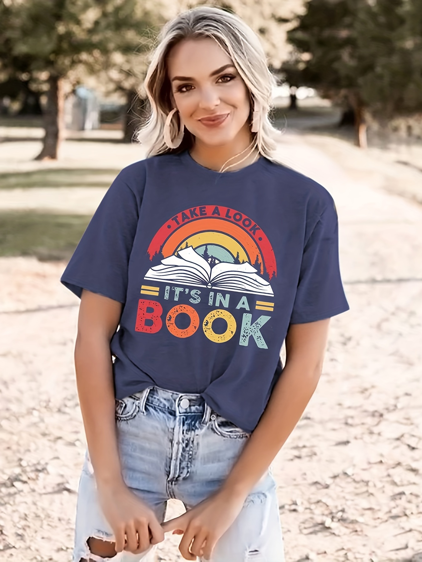 colorful letter book print t shirt short sleeve crew neck casual top for spring summer womens clothing details 14