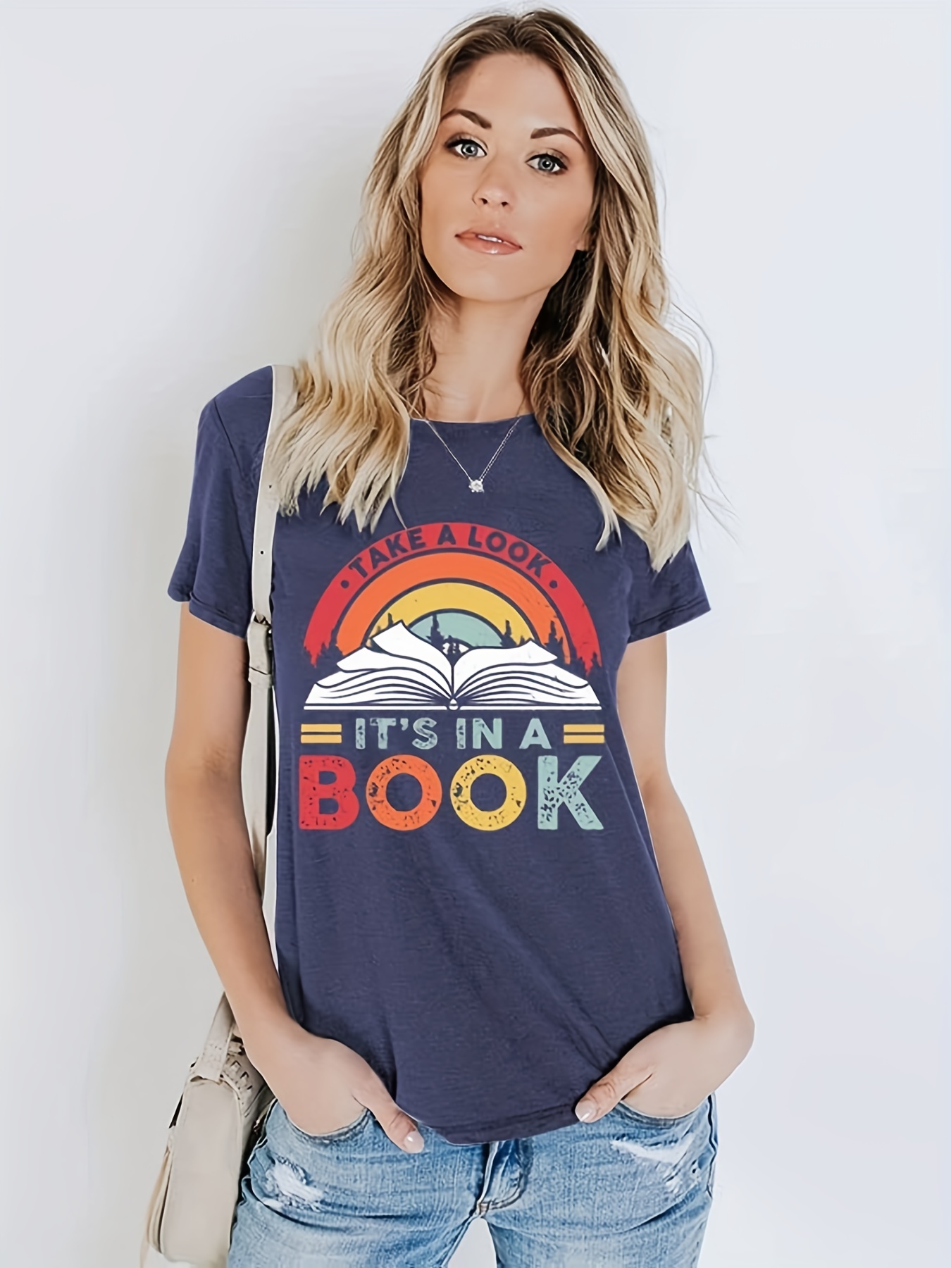 colorful letter book print t shirt short sleeve crew neck casual top for spring summer womens clothing details 16