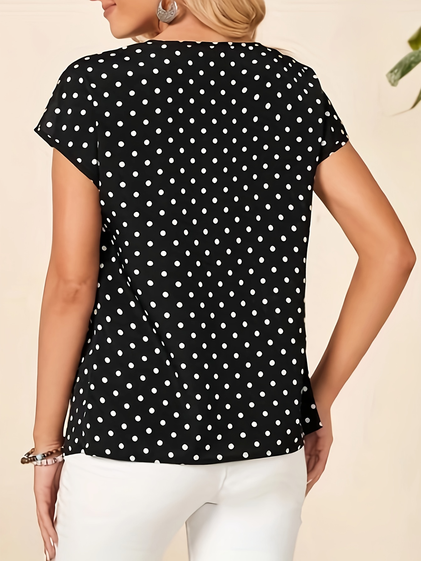 polka dot print mesh splicing v neck top vintage short sleeve top for spring summer womens clothing details 0