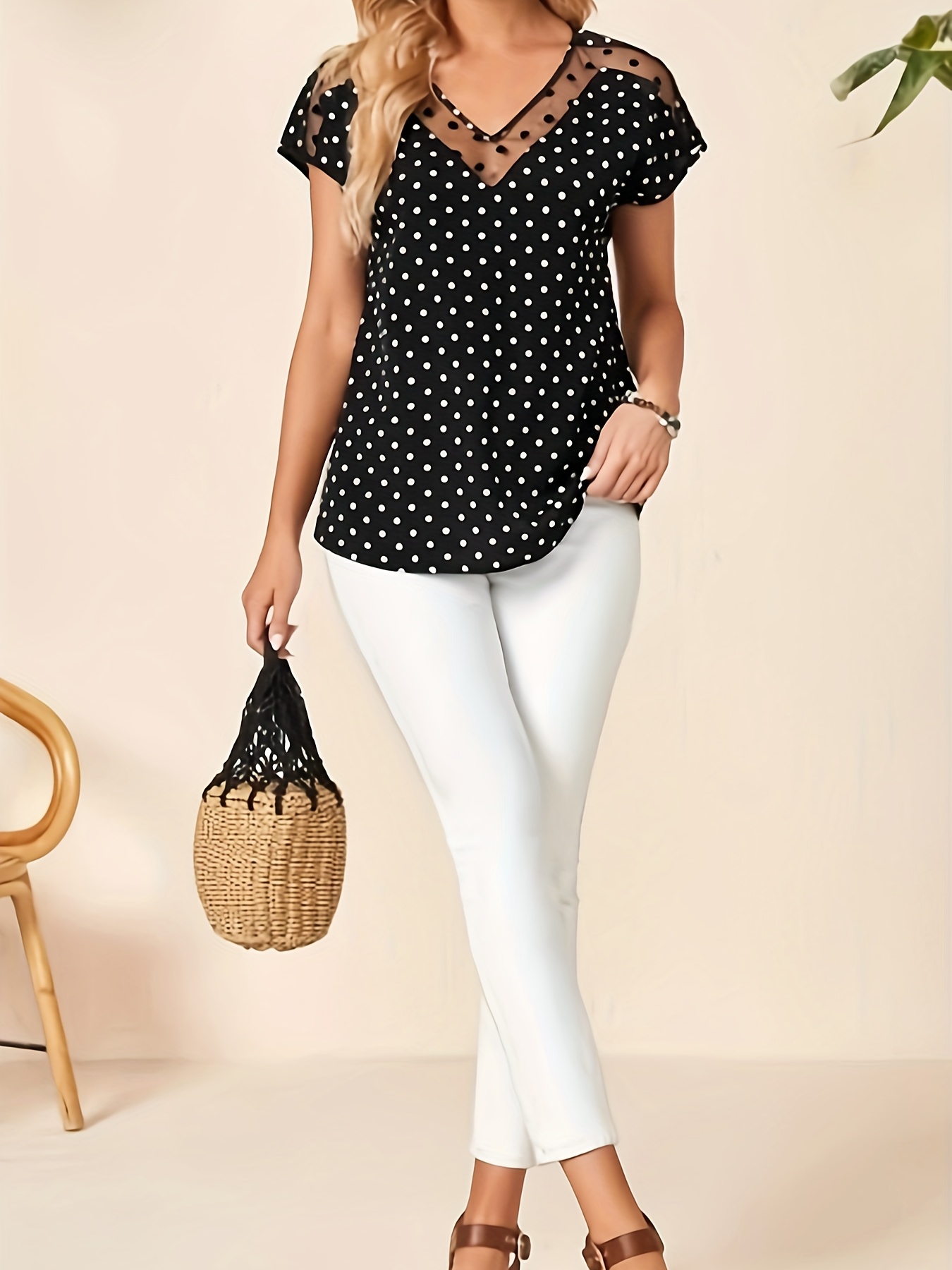 polka dot print mesh splicing v neck top vintage short sleeve top for spring summer womens clothing details 2