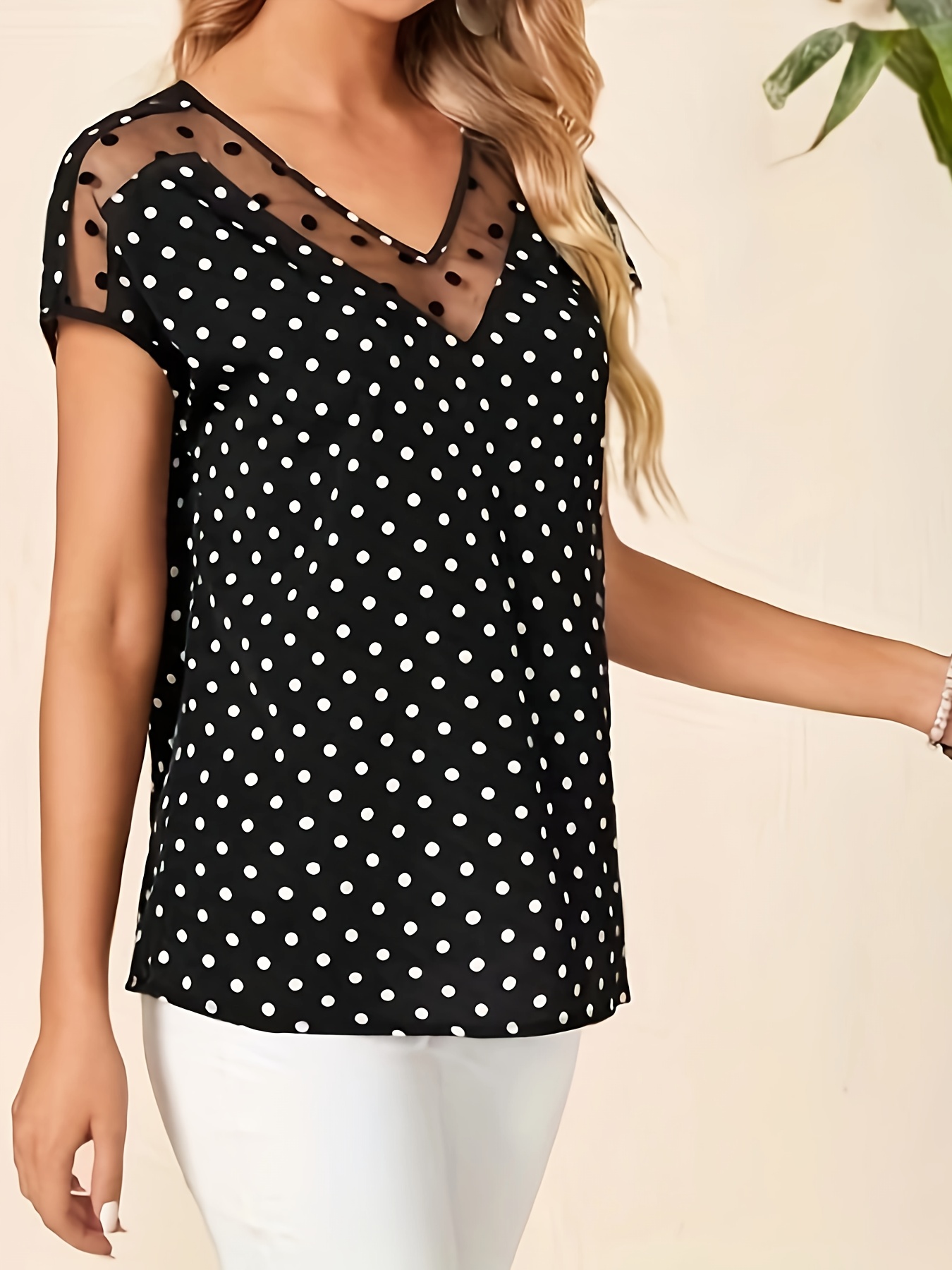 polka dot print mesh splicing v neck top vintage short sleeve top for spring summer womens clothing details 3