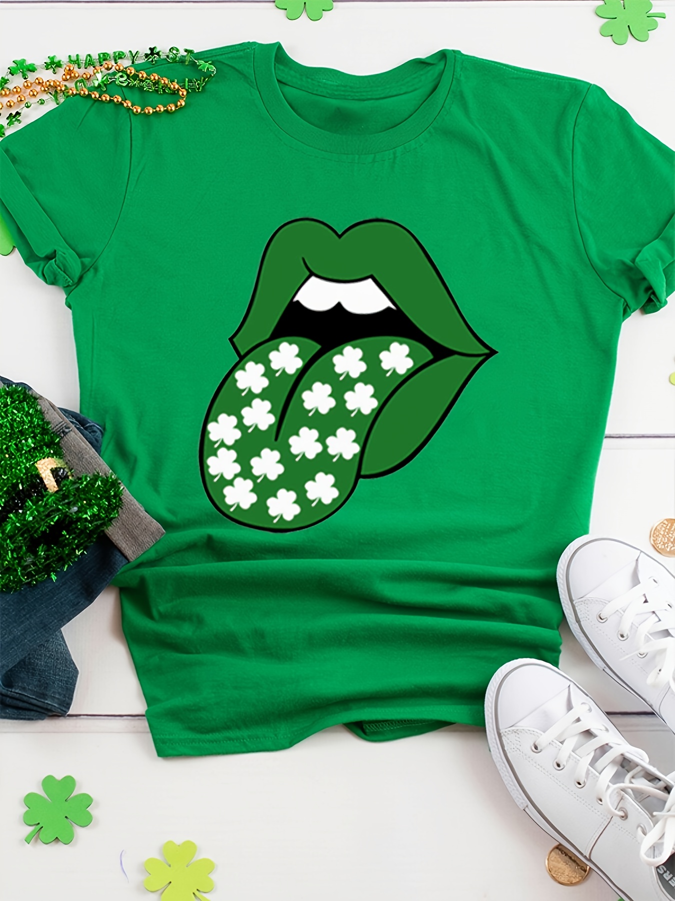 st patricks day clover lips print t shirt casual short sleeve crew neck top for spring summer womens clothing details 0