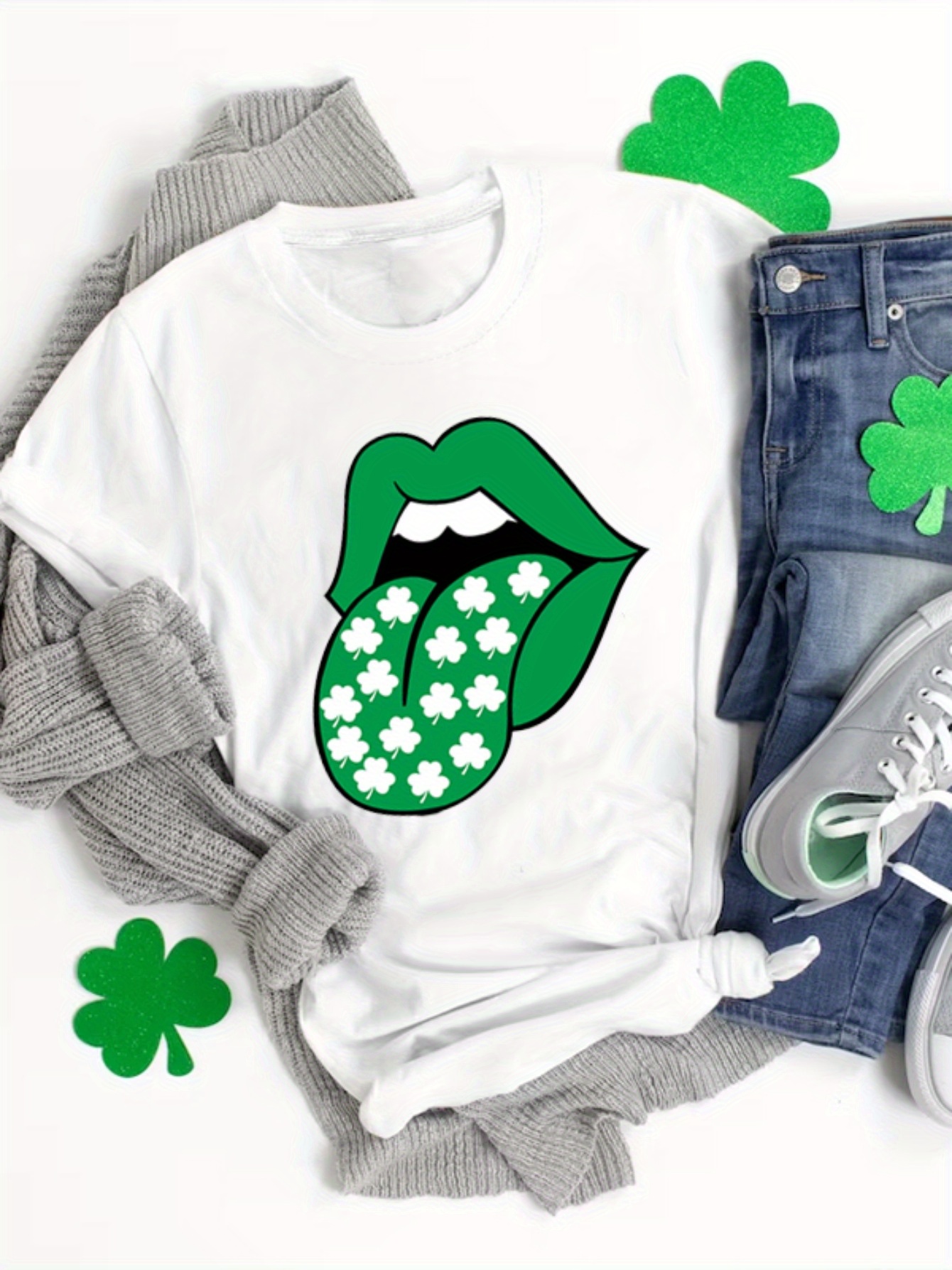 st patricks day clover lips print t shirt casual short sleeve crew neck top for spring summer womens clothing details 11