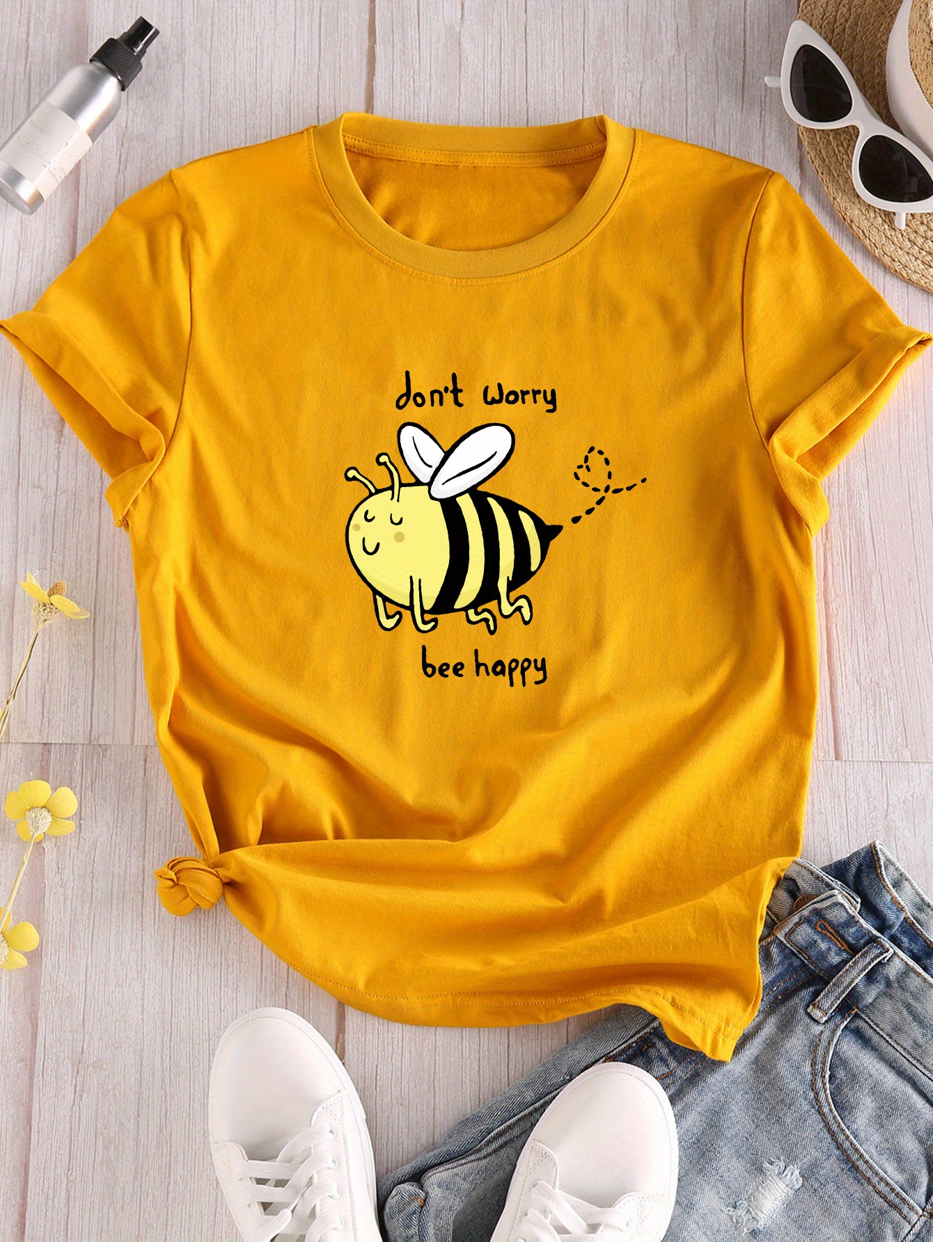 cartoon bee print crew neck t shirt casual short sleeve t shirt for spring summer womens clothing details 2