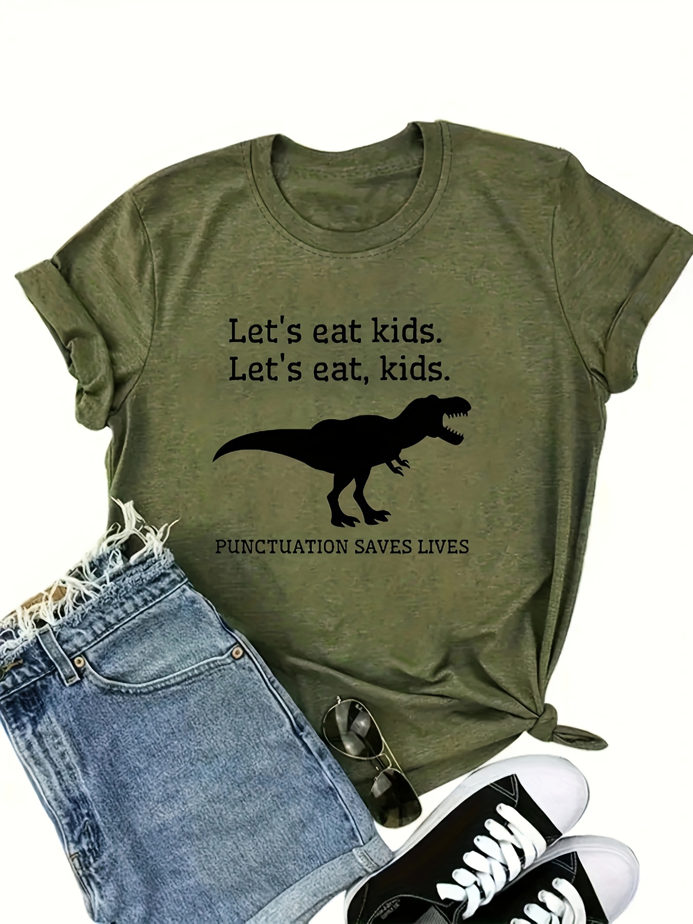 dinosaur print crew neck t shirt casual short sleeve top for spring summer womens clothing details 13