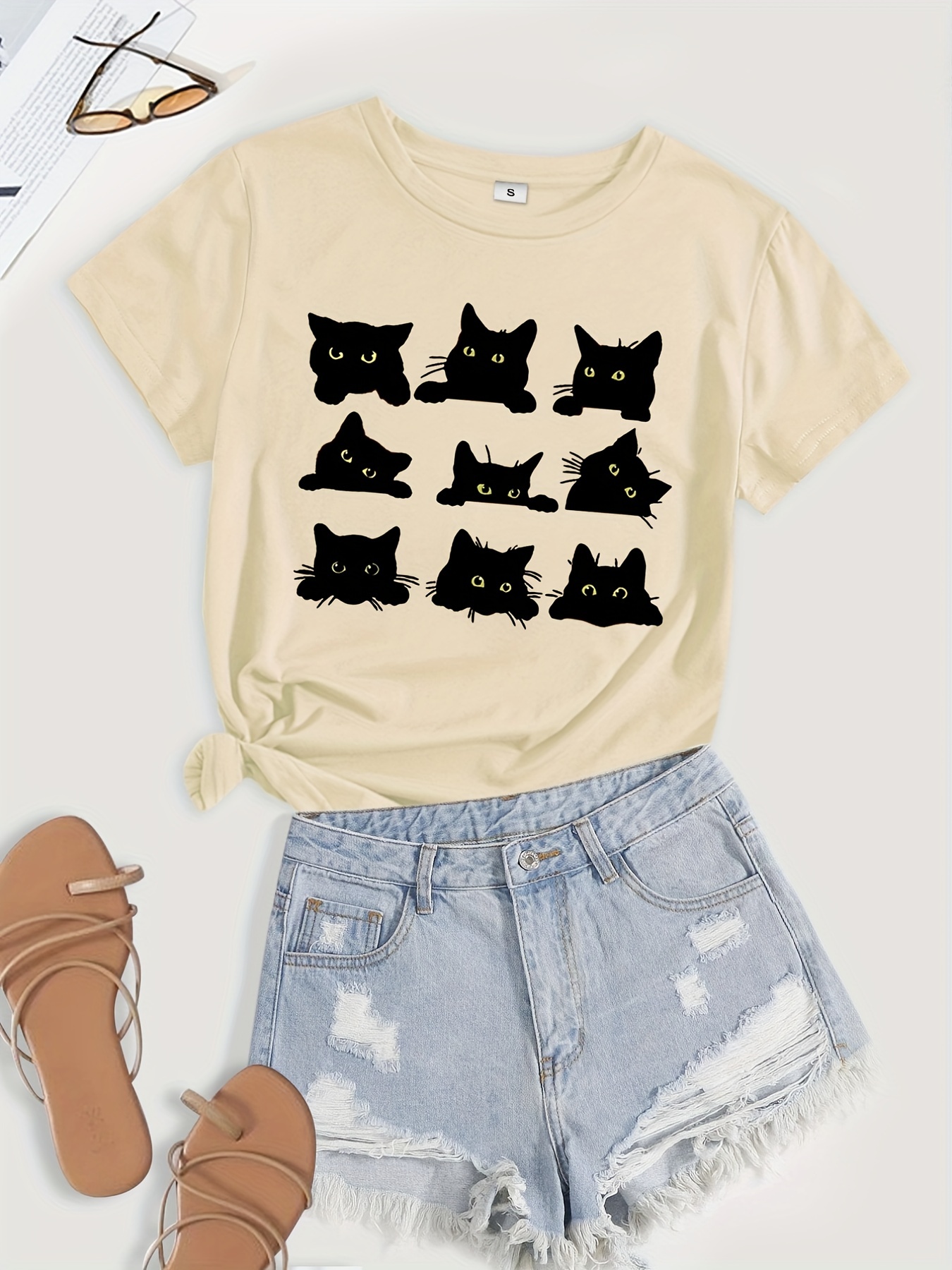 cartoon cats print t shirt short sleeve crew neck casual top for summer spring womens clothing details 16